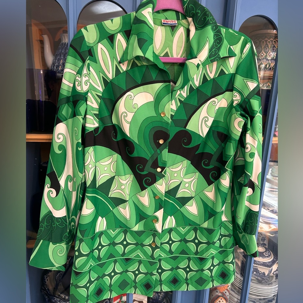 AUTHENTIC VINTAGE *PYKETTES* WOMEN'S Green 70s RETRO GROOVY BLOUSE.